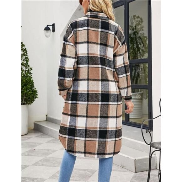 Brown & Black Plaid Print Button Down Long Midi Trench Flannel Jacket Shacket‎ - Picture 5 of 7